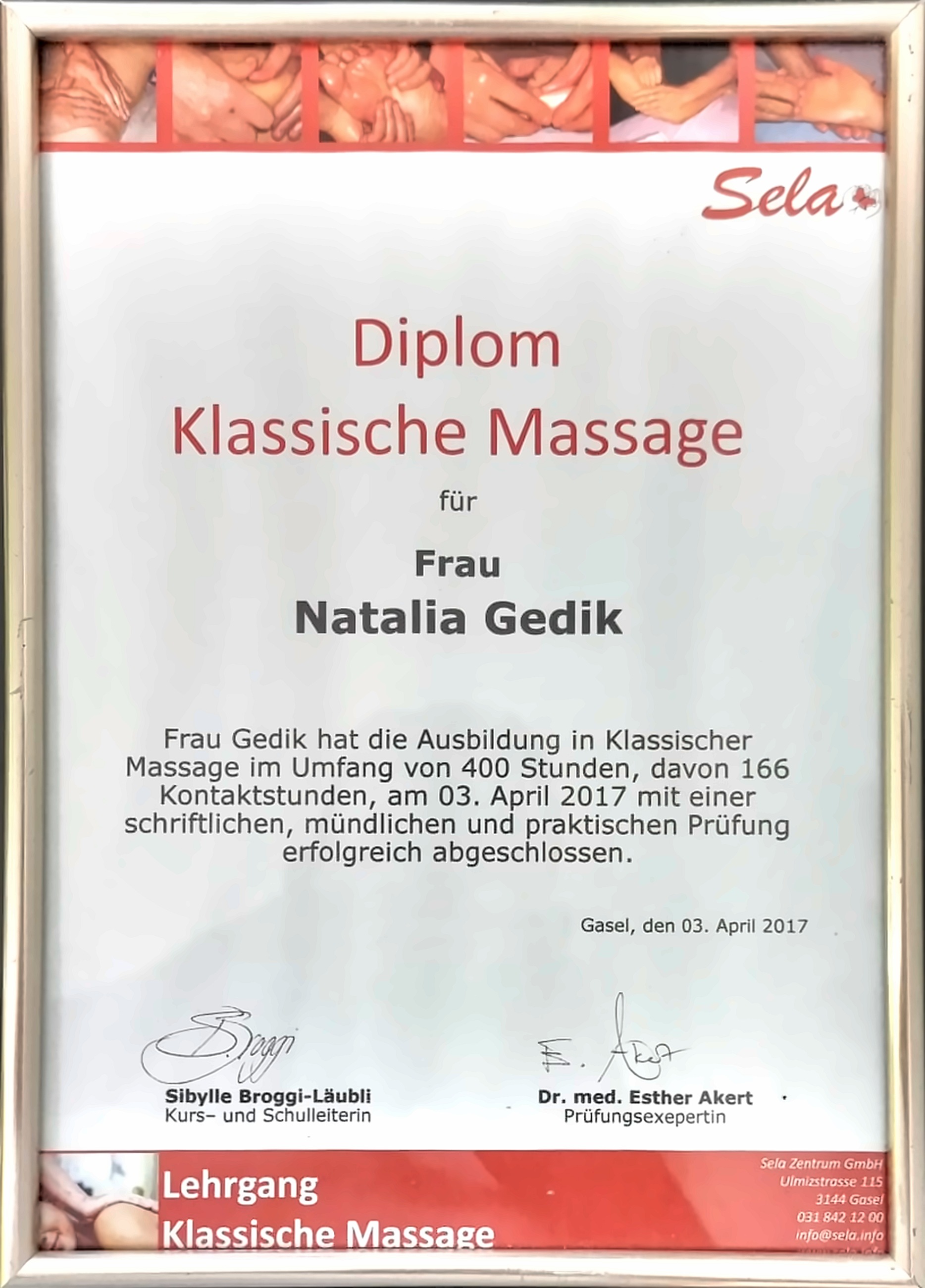 Diplom Klassische Massage, Sela Zentrum Gasel, 2017