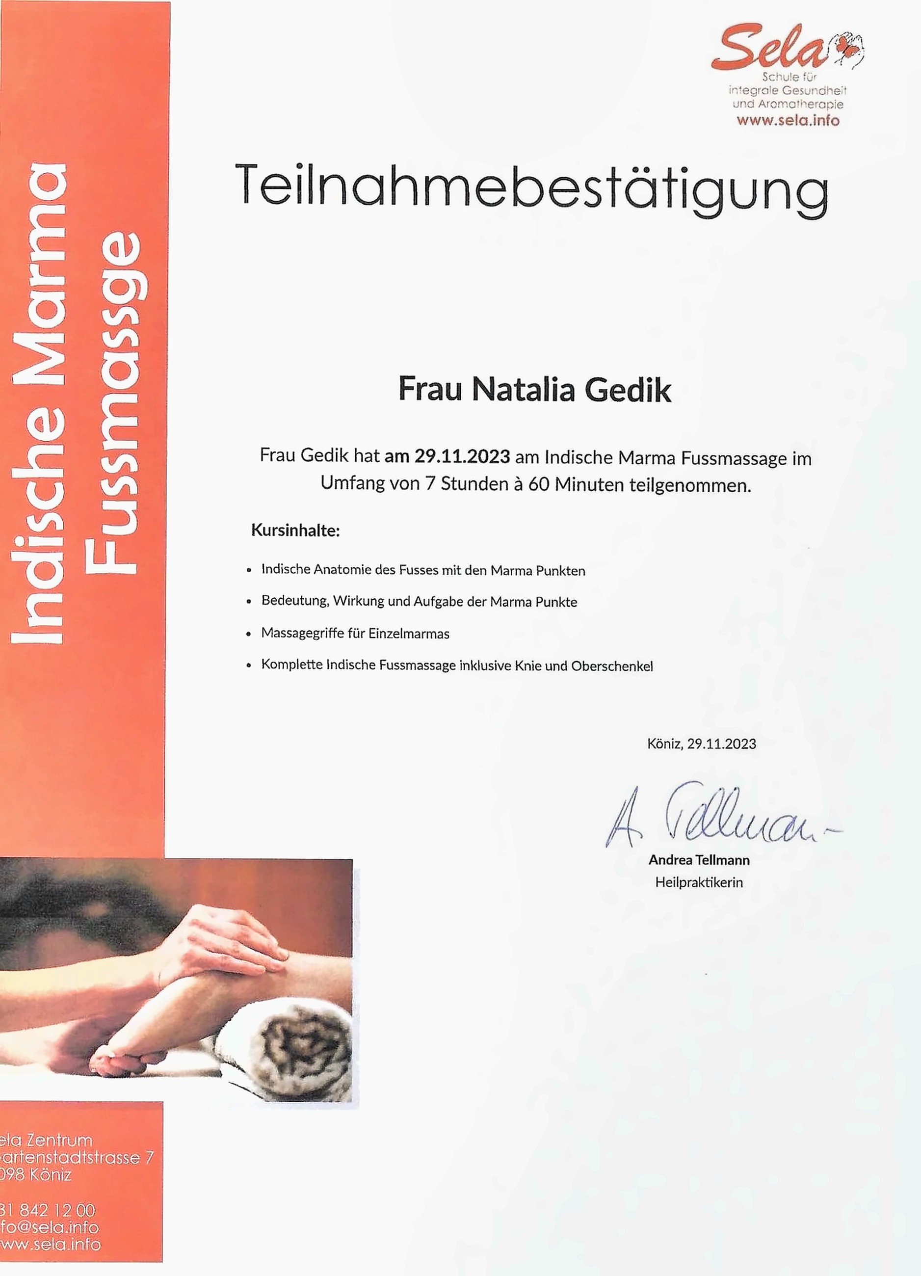 Teilnahmebestätigung Indische Marma Fussmassage, Sela Zentrum Köniz, 2023