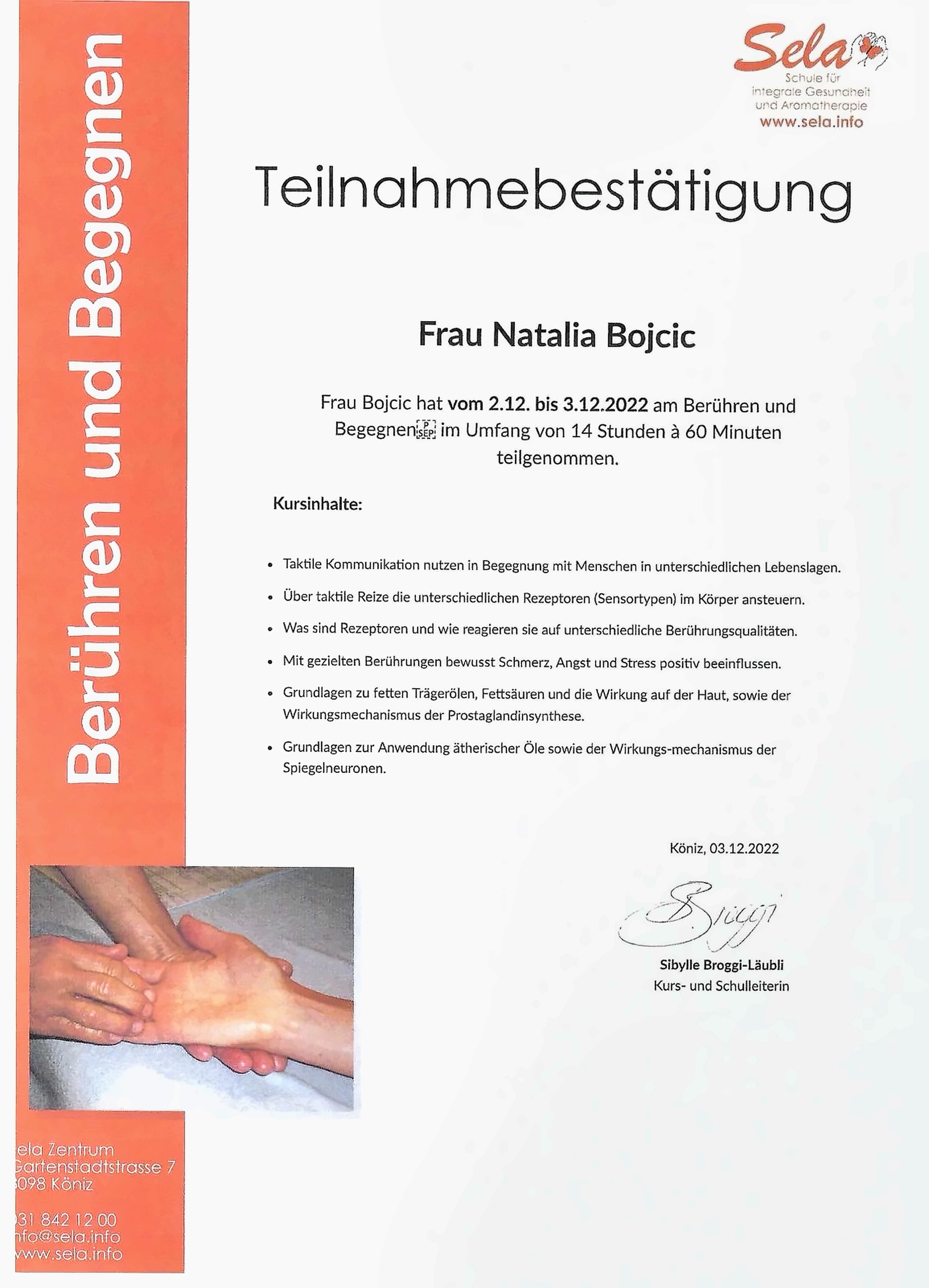 Attestation « Berühren und Begegnen » (toucher et rencontre)