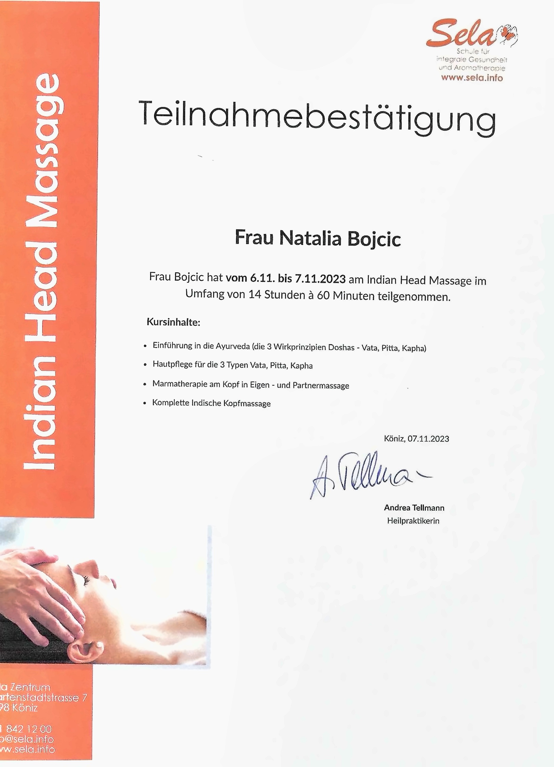 Attestation Indian Head Massage